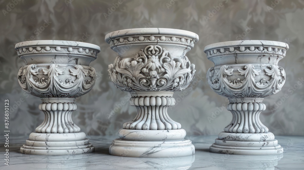 Three white vases with intricate designs sit on a marble surface Three white vases with intricate designs sit on a marble surface