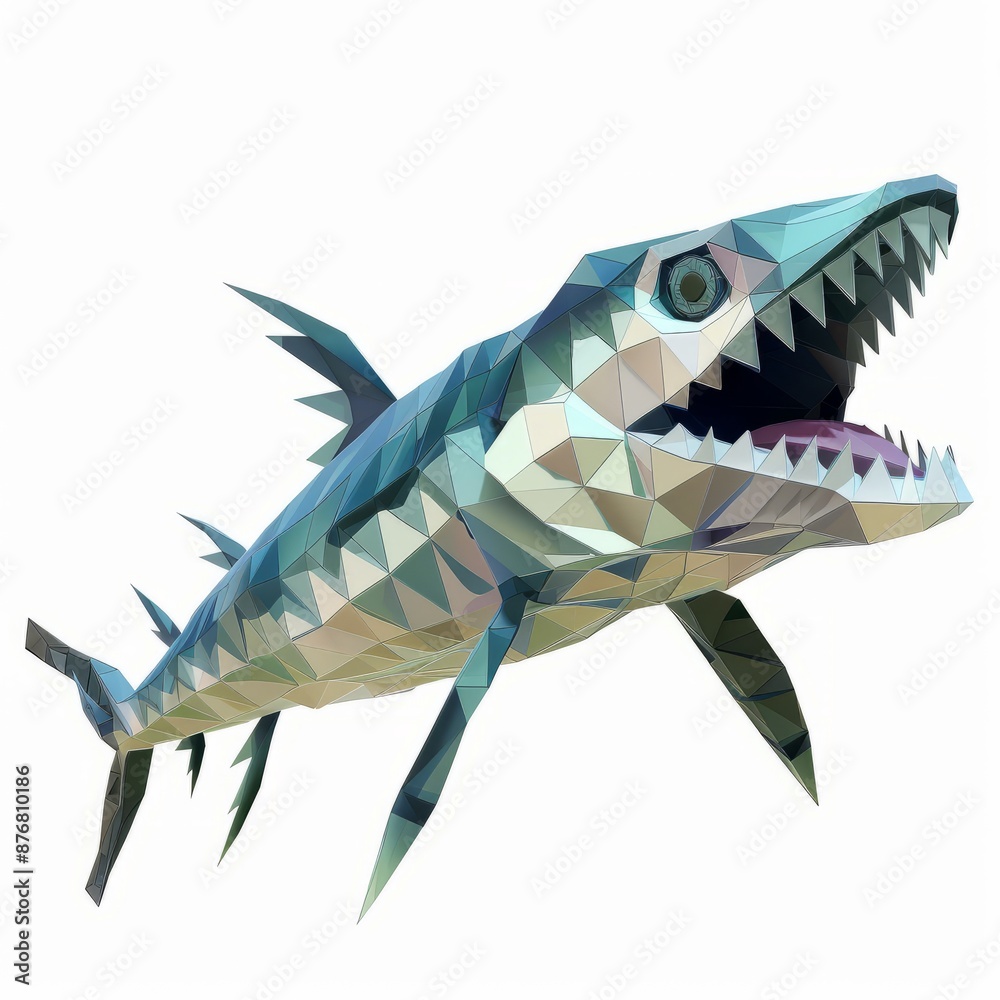 3D Render, Low Poly style of a predatory barracuda with sharp teeth and streamlined body, on isolated white background, Generative AI 3D Render, Low Poly style of a predatory barracuda with sharp teeth and streamlined body, on isolated white background, Generative AI