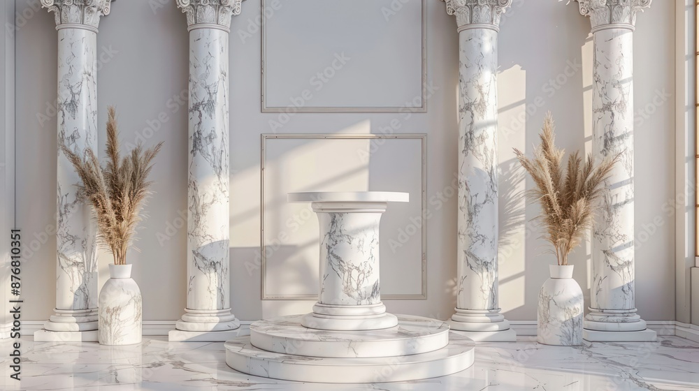A white room with pillars and a marble pedestal A white room with pillars and a marble pedestal