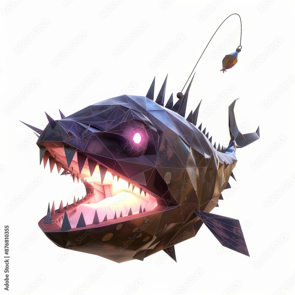 3D Render, Low Poly style of a mysterious anglerfish with glowing lure ...