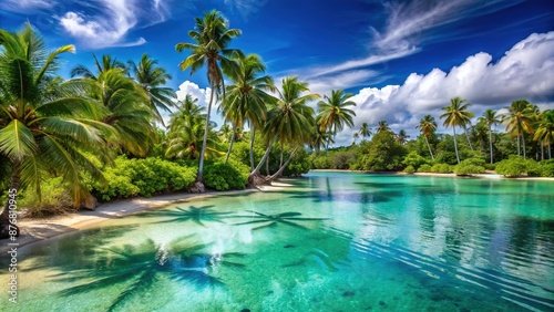 Serene turquoise lagoon surrounded by lush green tropical islands with swaying palms and powdery white sand under a radiant sunny blue sky. photo