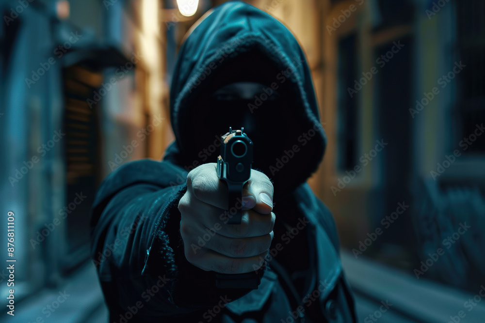 Generative ai on theme of a man aims through the sight of combat metal pistol to hit the target Generative ai on theme of a man aims through the sight of combat metal pistol to hit the target