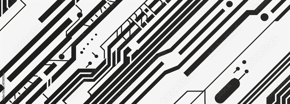 Black and white circuit board pattern background with stripes, tech banner design for web or print. Black technology geometric line art on a white backdrop. Black and white circuit board pattern background with stripes, tech banner design for web or print. Black technology geometric line art on a white backdrop.