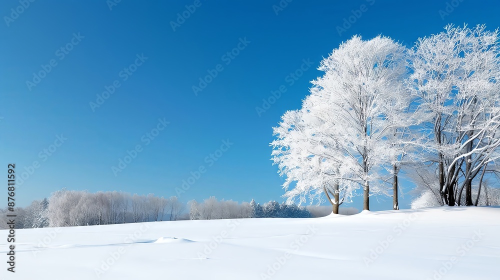 Snowy field with a group of trees covered in frost under a clear blue sky. Snowy field with a group of trees covered in frost under a clear blue sky.