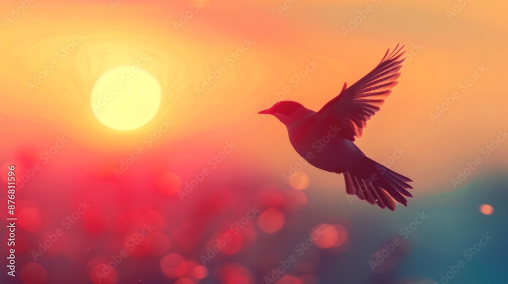 Fototapeta premium A bird flying against a vibrant sunset backdrop, capturing the beauty of nature and freedom. Perfect for inspirational and serene themes.