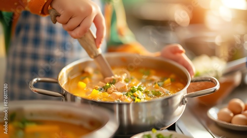 Close up of a hand stirring a pot of soup on the stove.