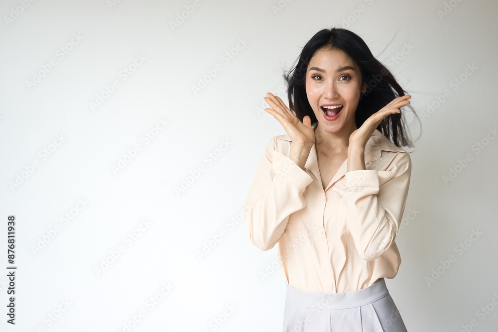 excited asian woman shouting wow with surprised facial expression, isolated background
