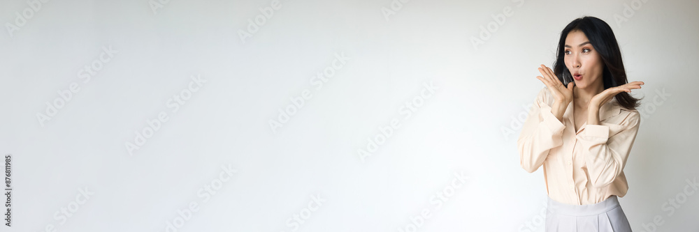excited asian woman shouting wow with surprised facial expression, isolated background banner composition excited asian woman shouting wow with surprised facial expression, isolated background banner composition