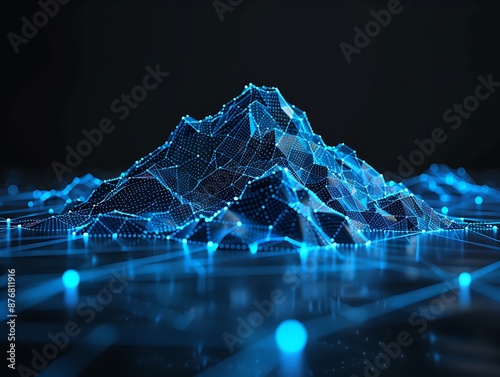 Digital network design featuring a polygonal mountain with blue glowing connections on black background, tech vector.