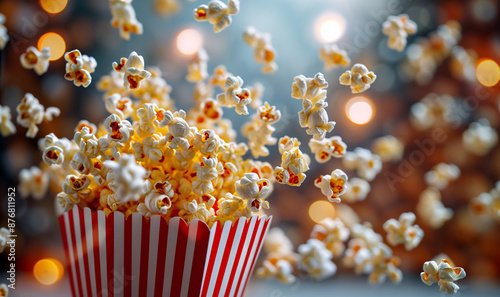 flying levitating popcorn at the cinema wallpaper with copy space and blurred background	