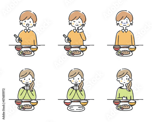 食事をする女性のイラストセット