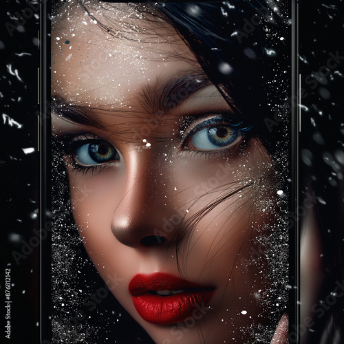 portrait of a woman with snow, a girl'sl face showen in mobile screen,beautiful eyes,mobile wallpaper photo