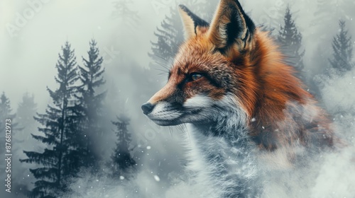 Fototapeta Naklejka Na Ścianę i Meble -  A majestic fox stands amidst a misty forest backdrop, capturing the beauty of nature and wildlife in a serene winter setting.