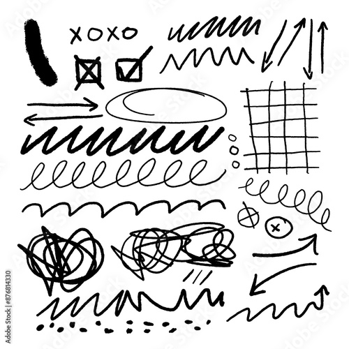 Bild auf Leinwand Rayas de garabato de carbón vegetal, números a mano alzada, flechas de énfasis, gafas de doodle dibujadas a mano, arañazos de garrapatas de garrapatas o de roscas de garrapatas