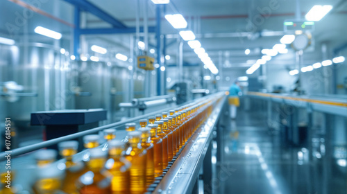 Rows of Amber Oil Bottles Moving on a Conveyor in a Fully Automated, High-Tech Industrial Setting, Highlighting Precision and Control