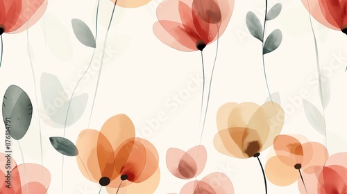 Abstract floral watercolor background featuring delicate red and orange flowers with green leaves on a light backdrop.