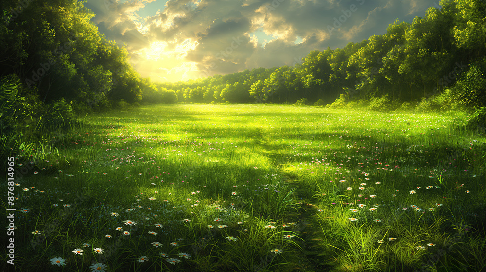 A painting depicting a grassy field with several trees in the background, under a clear blue sky A painting depicting a grassy field with several trees in the background, under a clear blue sky