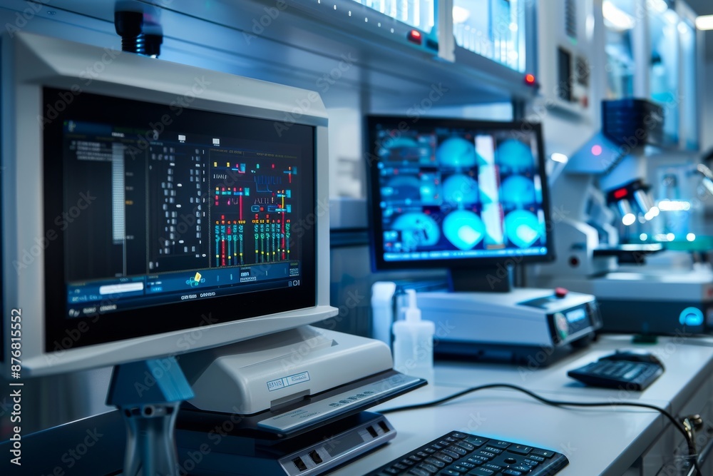 A contemporary lab features an automated DNA sequencer with advanced technology, surrounded by sleek equipment displaying data on a monitor A contemporary lab features an automated DNA sequencer with advanced technology, surrounded by sleek equipment displaying data on a monitor