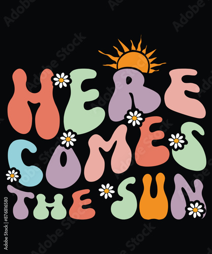 Here Come The Sun Shirt Women Summer Sunshine Print Beach Tops Vintage Vacation Short Sleeve T Shirt, Summer Vacation, Summer Shirt Design, Beach Vacation Template, Shirt Print Template
