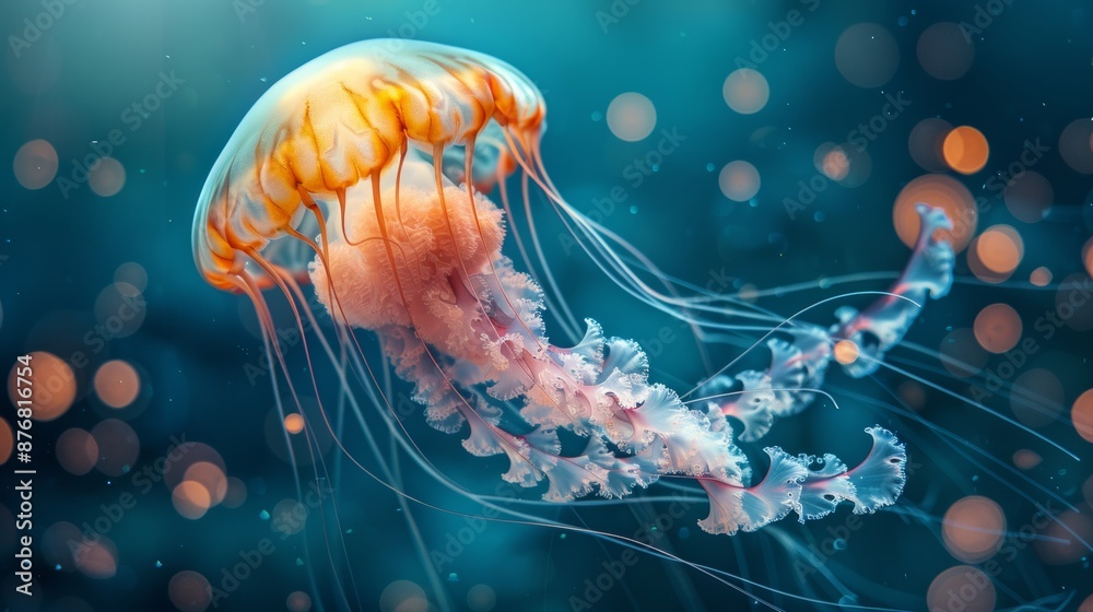 Fototapeta premium A stunning jellyfish swims gracefully in the vibrant blue ocean, illuminated by soft light and surrounded by bokeh effects.