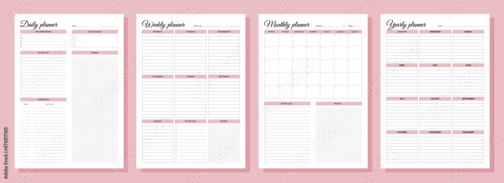Planners set. Daily, weekly, monthly, yearly. Blank white notebook page A4. Planners set. Daily, weekly, monthly, yearly. Blank white notebook page A4.
