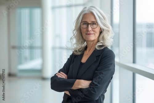 A senior businesswoman stands in a modern office setting, confidently looking at the camera with arms crossed Free Download A senior businesswoman stands in a modern office setting, confidently looking at the camera with arms crossed - GFXLoad