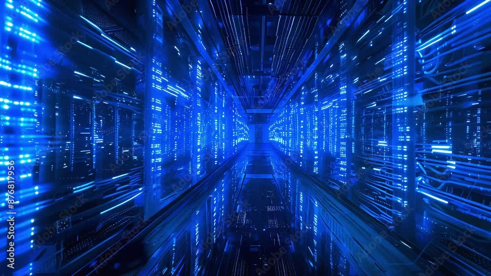 Futuristic data center with glowing blue server cabinets and LED lighting Futuristic data center with glowing blue server cabinets and LED lighting