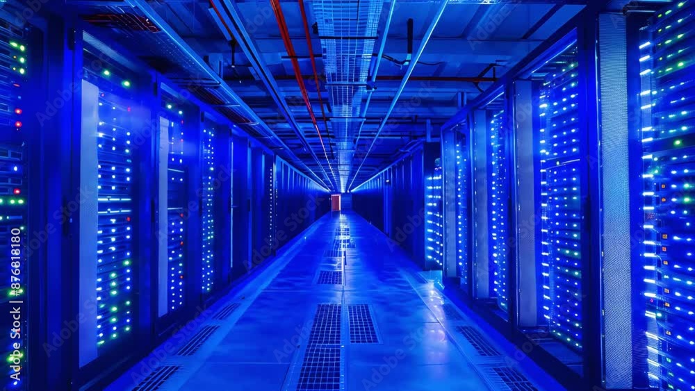Advanced data center with server racks, illuminated by blue LED lights Advanced data center with server racks, illuminated by blue LED lights