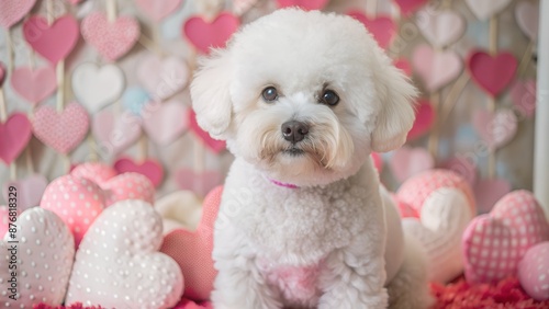 Adorable white bichon frise dog sits among pink heart-shaped pillows photo