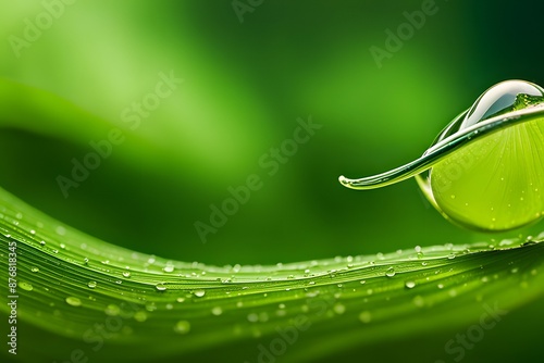 Macro shot of a dewdrop on a green leaf in the early morning light photo