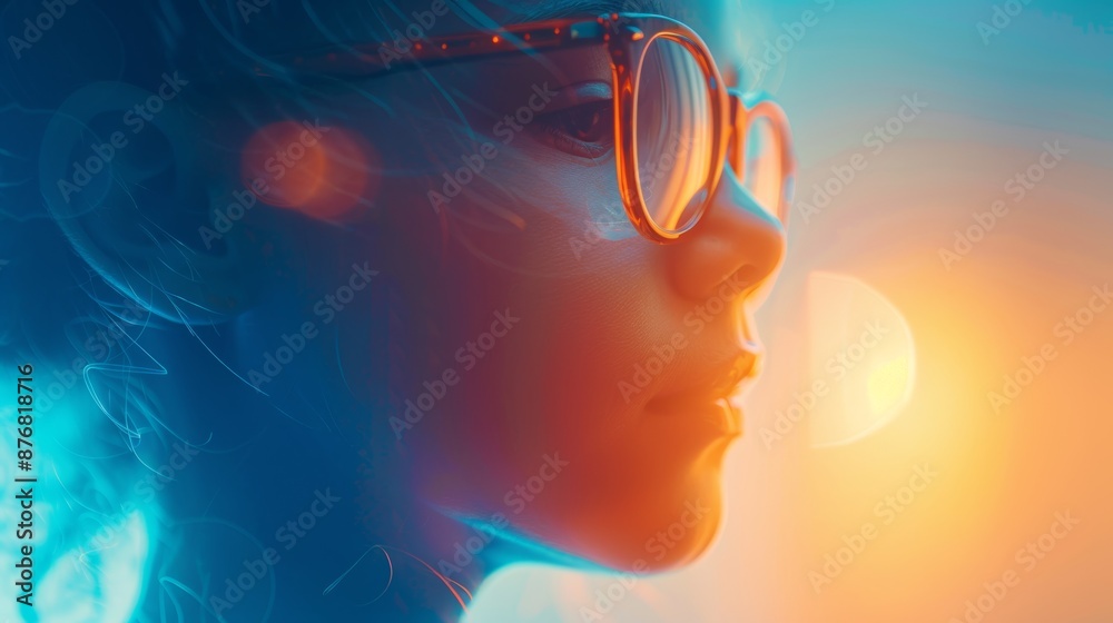 Close-up profile of a woman wearing sunglasses, bathed in vibrant blue and orange light. Close-up profile of a woman wearing sunglasses, bathed in vibrant blue and orange light.