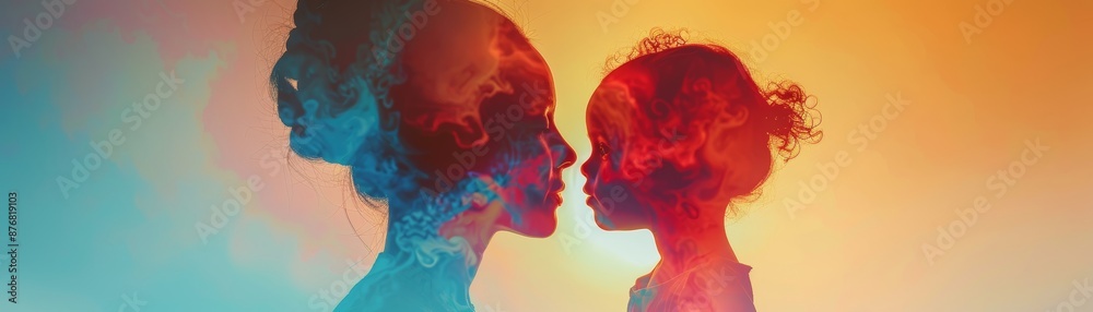 Abstract art of two people's silhouettes in blue and red tones. Abstract art of two people's silhouettes in blue and red tones.