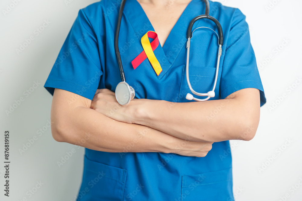World hepatitis day awareness month, 28 July. Doctor holding Red and Yellow ribbon. Liver cancer, Jaundice, Cirrhosis, Failure, Enlarged, Hepatic Encephalopathy and Health concept World hepatitis day awareness month, 28 July. Doctor holding Red and Yellow ribbon. Liver cancer, Jaundice, Cirrhosis, Failure, Enlarged, Hepatic Encephalopathy and Health concept