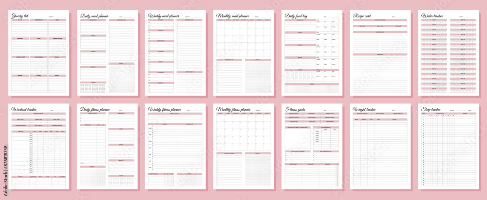 Fitness and meal planners set. Daily, weekly, monthly, workout tracker, fitness goals, weight tracker, daily food log, grocery list, recipe card, water tracker, sleep tracker. Fitness and meal planners set. Daily, weekly, monthly, workout tracker, fitness goals, weight tracker, daily food log, grocery list, recipe card, water tracker, sleep tracker.
