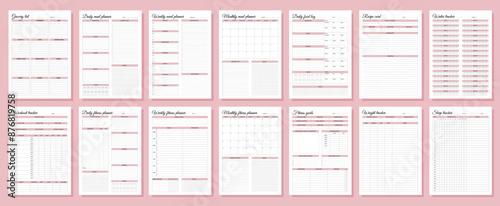 Fitness and meal planners set. Daily, weekly, monthly, workout tracker, fitness goals, weight tracker, daily food log, grocery list, recipe card, water tracker, sleep tracker.