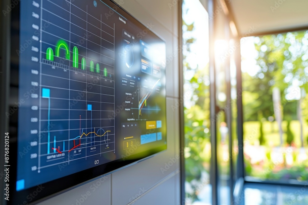 A close-up of a modern energy management system display mounted on a wall inside a contemporary house. The screen shows solar panel statistics with charts and graphs A close-up of a modern energy management system display mounted on a wall inside a contemporary house. The screen shows solar panel statistics with charts and graphs