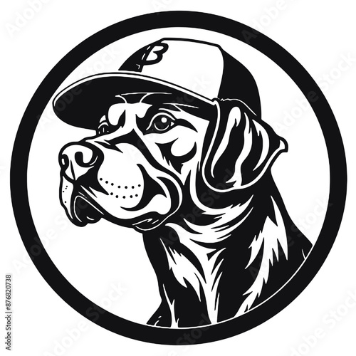  black and white illustration of a boxer dog wearing baseball hat