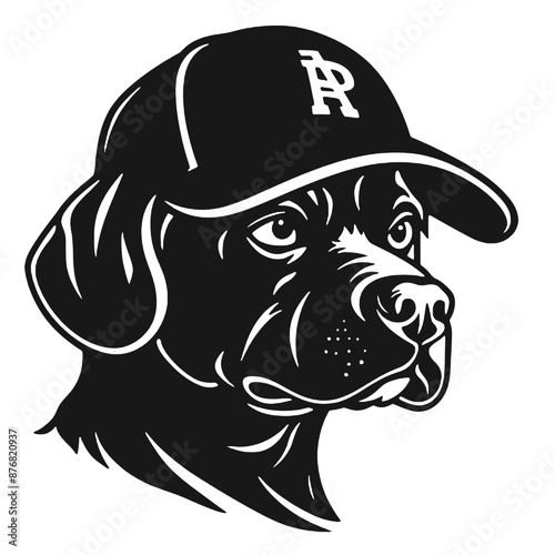  black and white illustration of a boxer dog wearing baseball hat