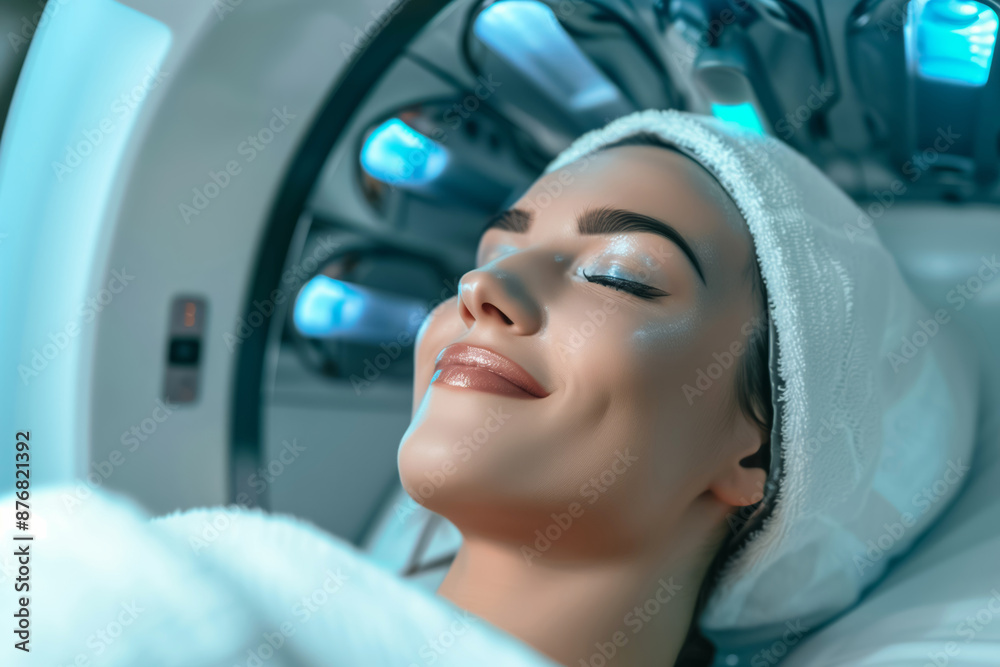A person is peacefully enjoying a cryotherapy session at a luxury spa, smiling happily while wrapped in a towel, in a serene and soothing ambiance A person is peacefully enjoying a cryotherapy session at a luxury spa, smiling happily while wrapped in a towel, in a serene and soothing ambiance