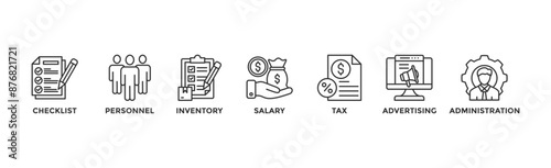 Cost reduction banner web icon illustration concept with icon of checklist, personnel, inventory, salary, tax, advertising and administration	