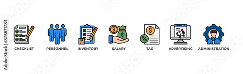 Cost reduction banner web icon illustration concept with icon of checklist, personnel, inventory, salary, tax, advertising and administration	