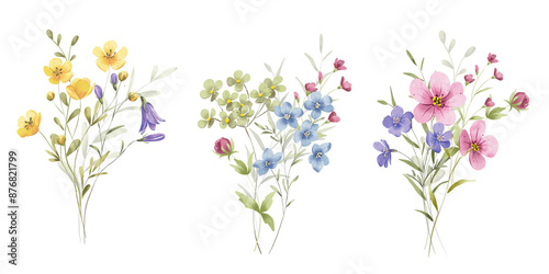Bouquets set with watercolor wild flowers and leaves. Perfectly for wedding, birthday, bridal, mother's day decorating. Hand drawing floral design.