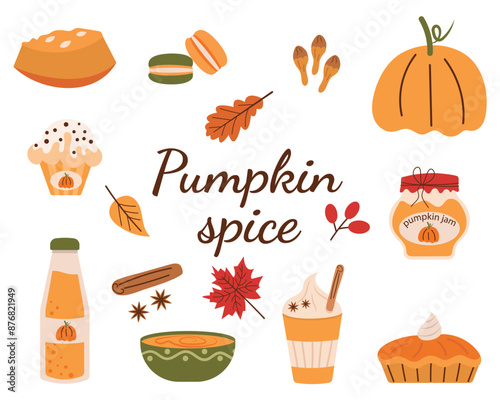 Pumpkin food menu. Cartoon raw and cooked pumpkin dishes collection with vegetable slices and soup, cream pie, jam, hot sweet drink with cinnamon and spices isolated on white
