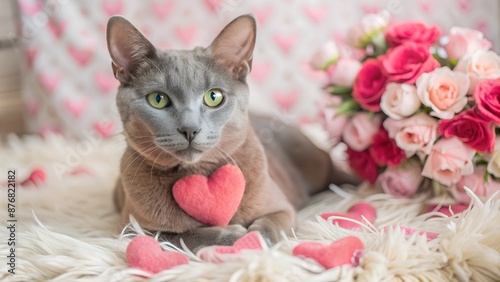 Adorable gray cat with green eyes sits beside a bouquet of pink roses photo