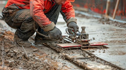 A worker installing foundation anchors and smoothing wet concrete, wearing gloves and a safety vest.
