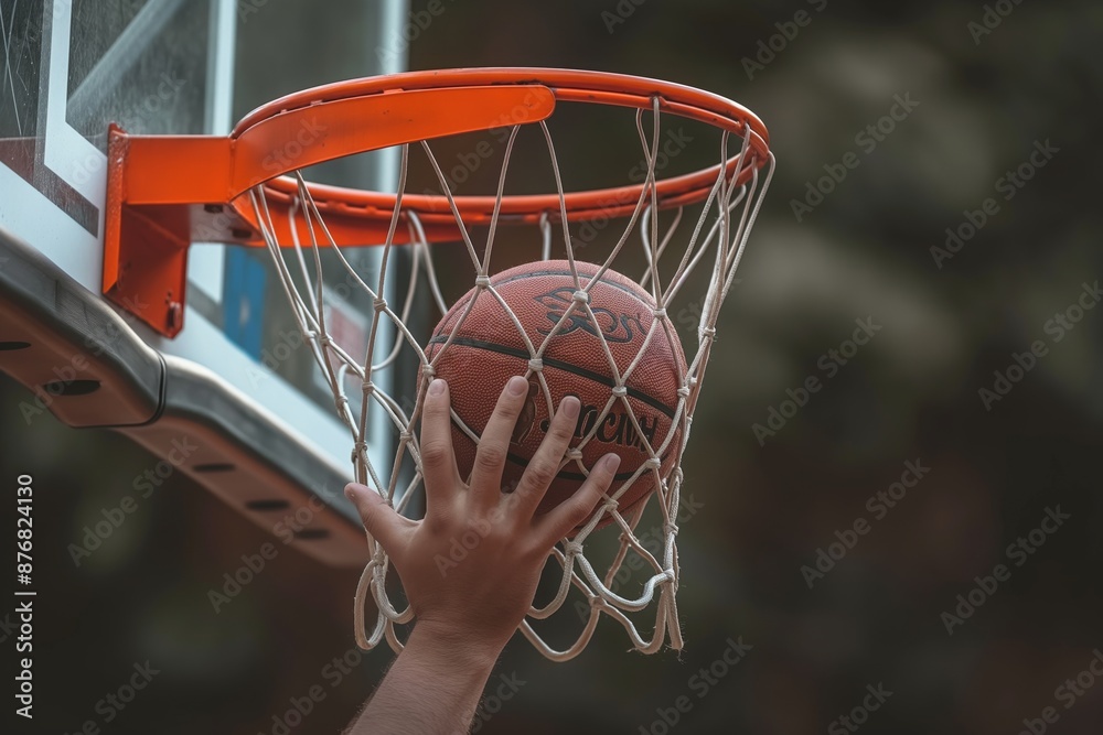 A detailed close-up of a hand pushing a basketball through the hoop with sheer force. The image highlights the power and control exerted by the player during the play. A detailed close-up of a hand pushing a basketball through the hoop with sheer force. The image highlights the power and control exerted by the player during the play.