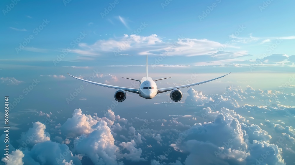 White passenger airplane flying in the sky amazing clouds in the background - Travel by air transport 