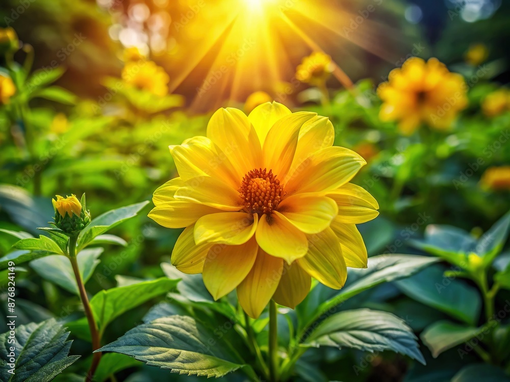Vibrant yellow petals unfolding from delicate green stem, surrounded by lush foliage, in a warm and inviting natural setting with subtle sunlight filtering through. Vibrant yellow petals unfolding from delicate green stem, surrounded by lush foliage, in a warm and inviting natural setting with subtle sunlight filtering through.