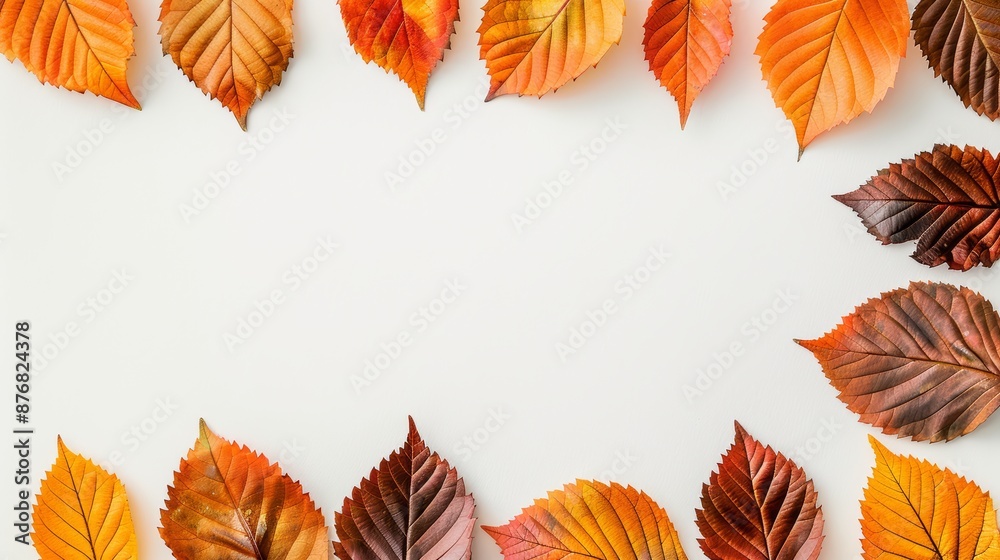 Obraz premium Close-up of autumnal leaves in a border pattern, white background, sharp details and rich hues, high resolution, focus cover all object, deep dept of field