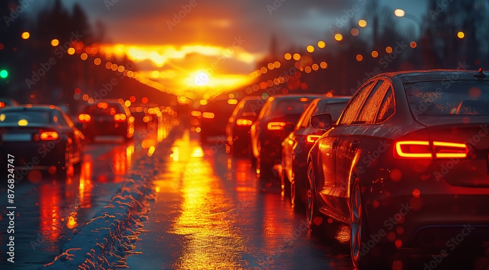 Obraz premium Nighttime Highway Traffic Jam with Rain and Lights